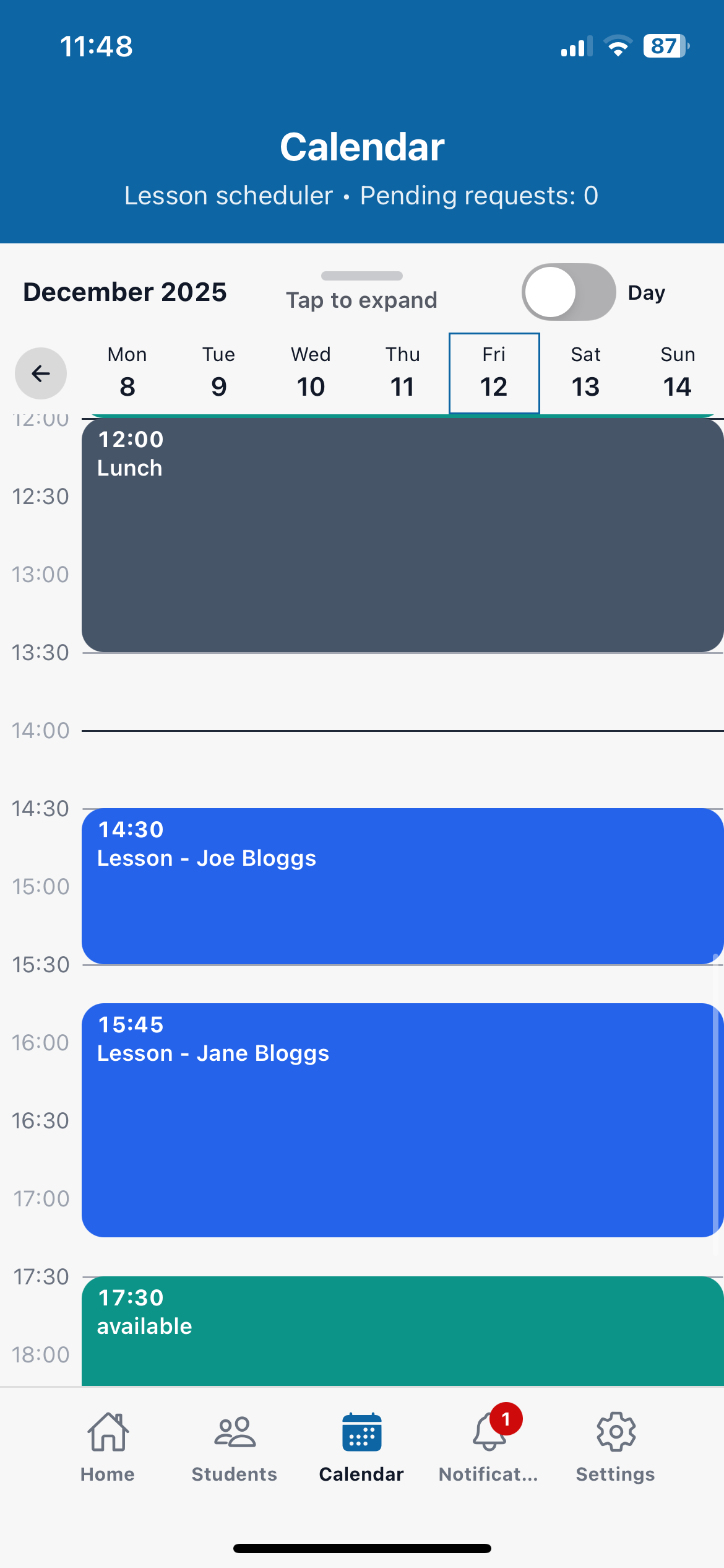 ExpertlyDriven instructor calendar day view