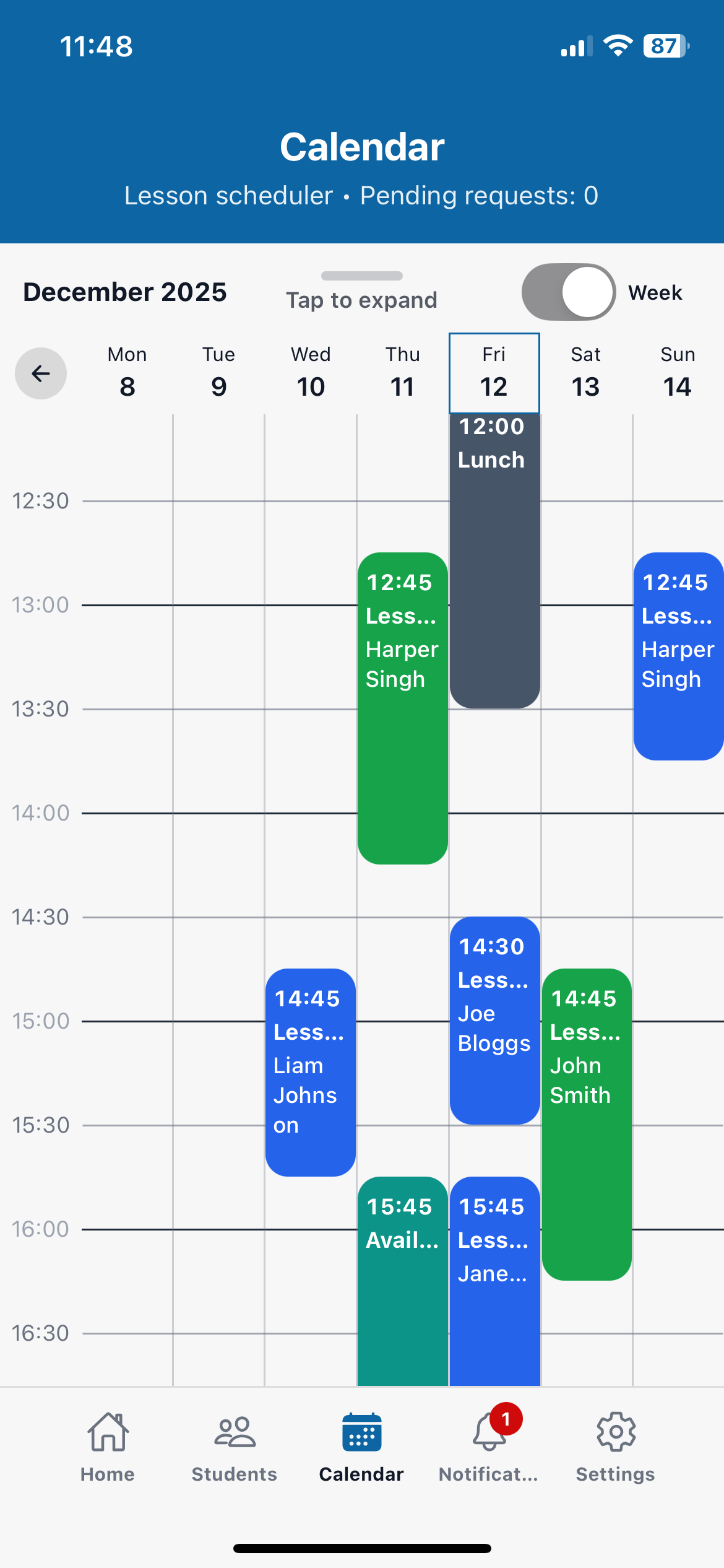 ExpertlyDriven weekly instructor calendar