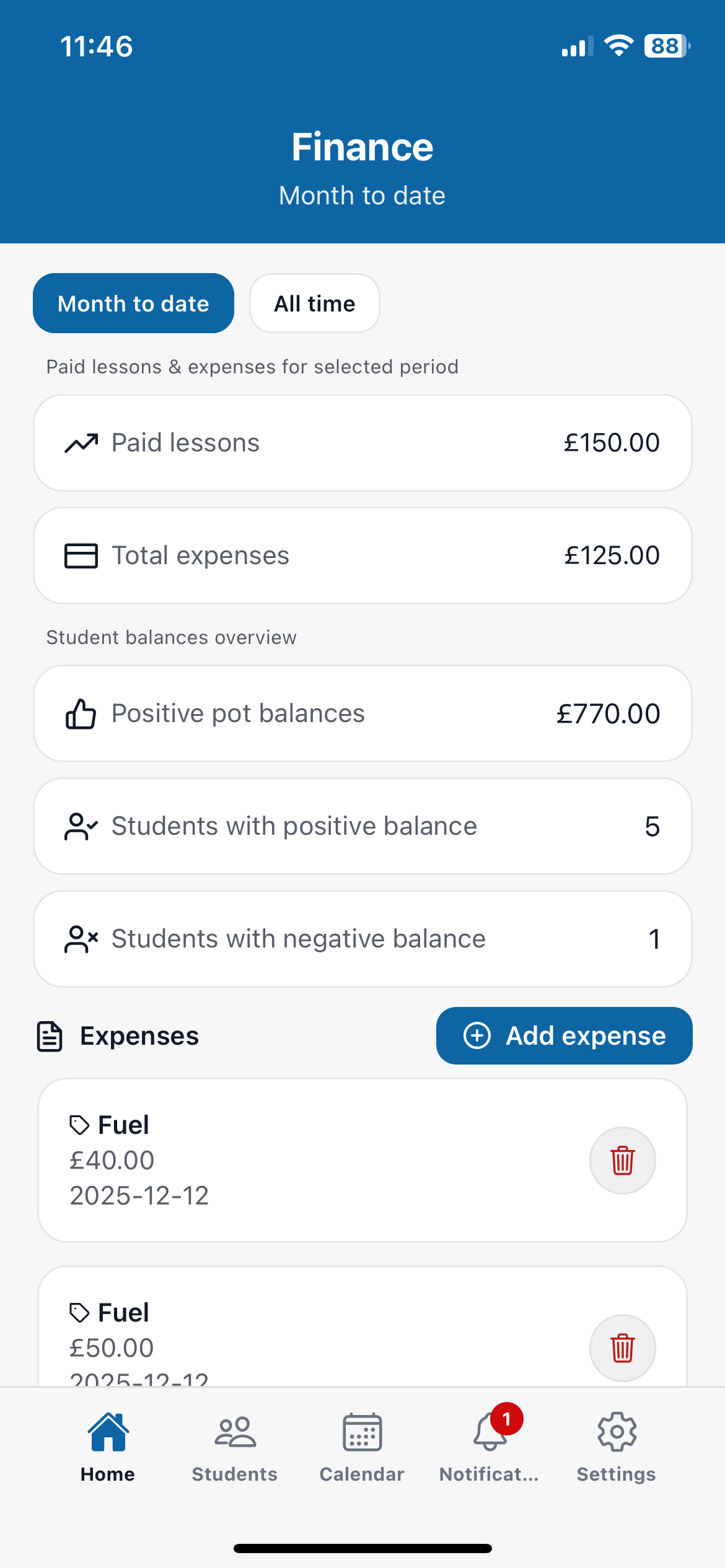 ExpertlyDriven instructor finance dashboard