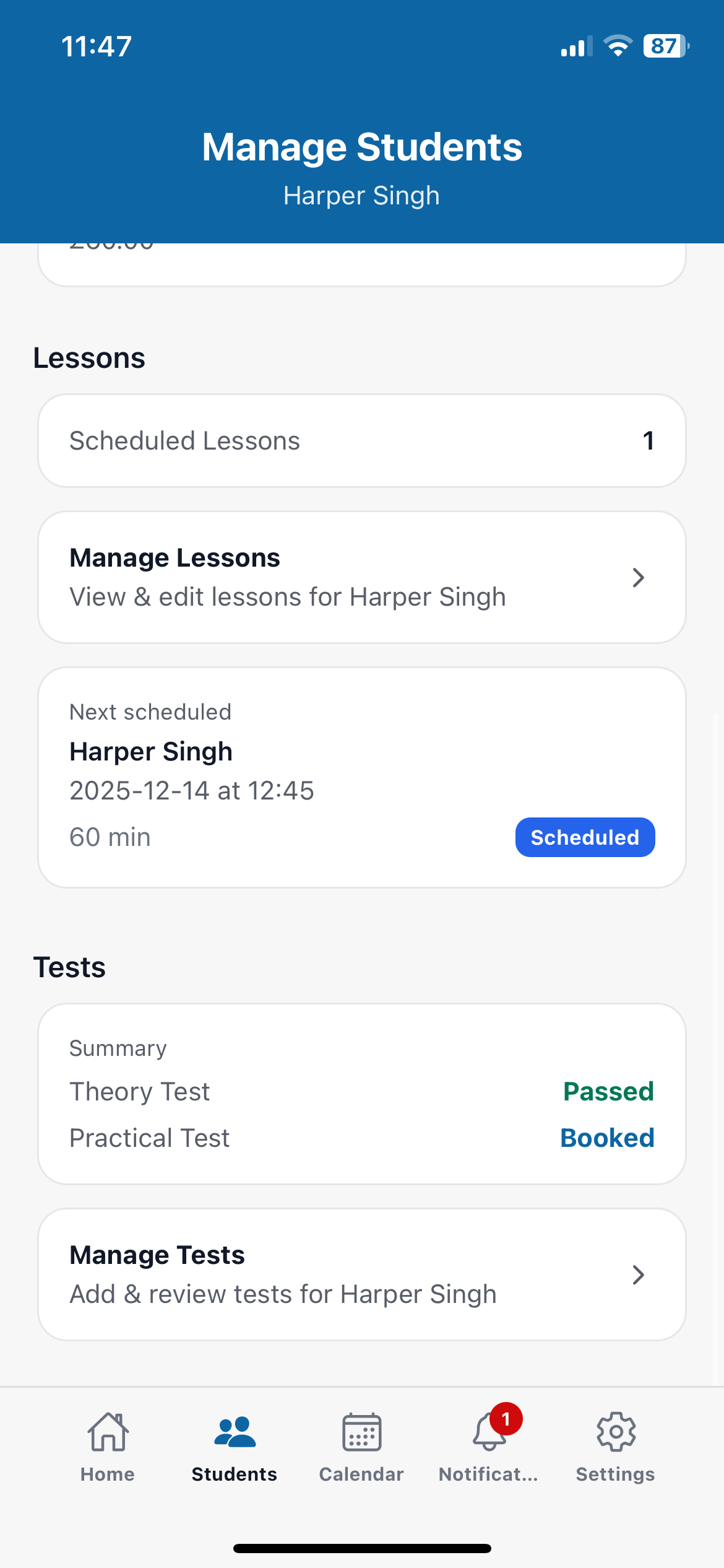 ExpertlyDriven student detail and progress information