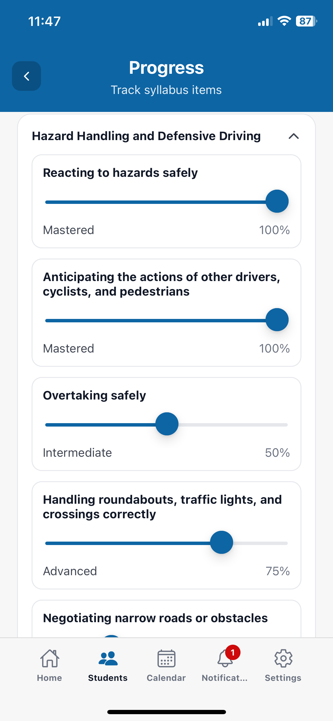 ExpertlyDriven student syllabus progress screen