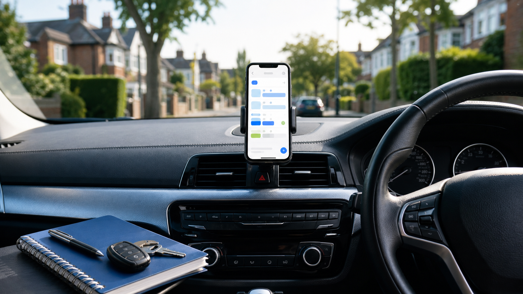 ExpertlyDriven app shown on a phone inside a driving instructor car