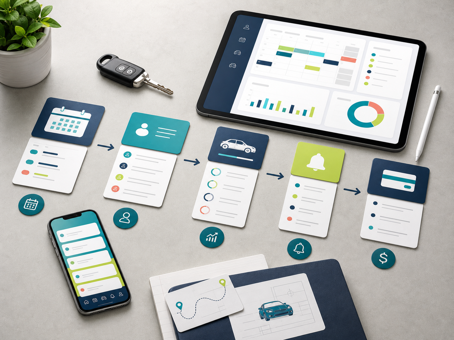 A visual workflow of scheduling, student progress, reminders, and payments in a driving instructor app